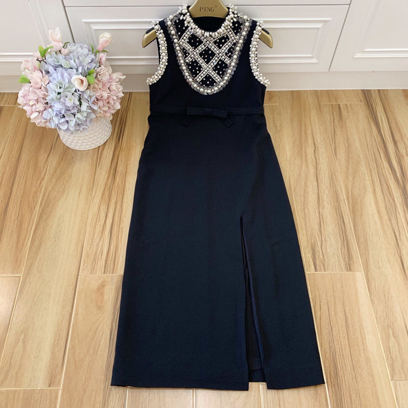 

HIGH QUALITY women' pearls diamonds sequins beading dresses celebrity elegant party split designer sleeveless long dress S245, Black