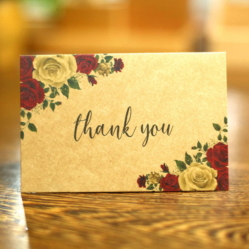 

New Retro Kraft Paper Thank You Card Flower Print Gratitude Handwriting Greeting Cards Wedding Birthday Party Flower Shop