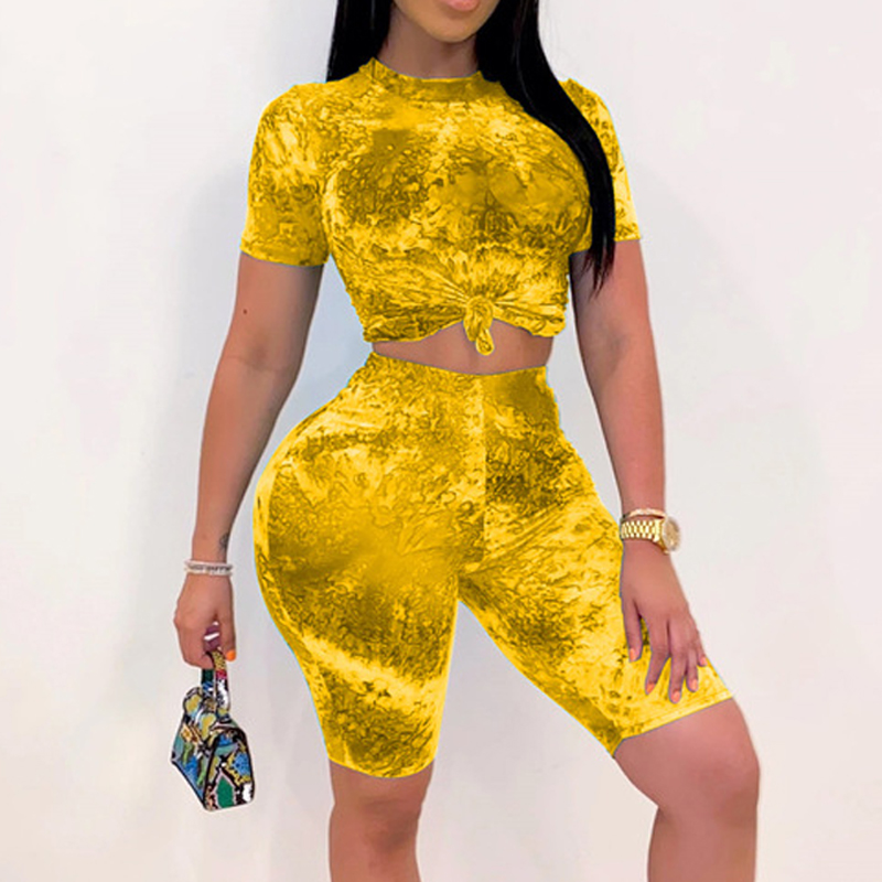 

Women Fashion Tie Dye Short Sleeve Top+ High Waist Biker Shorts Female Plus Two Piece Set Summer Sexy Women Clothing Club Outfit, Yellow