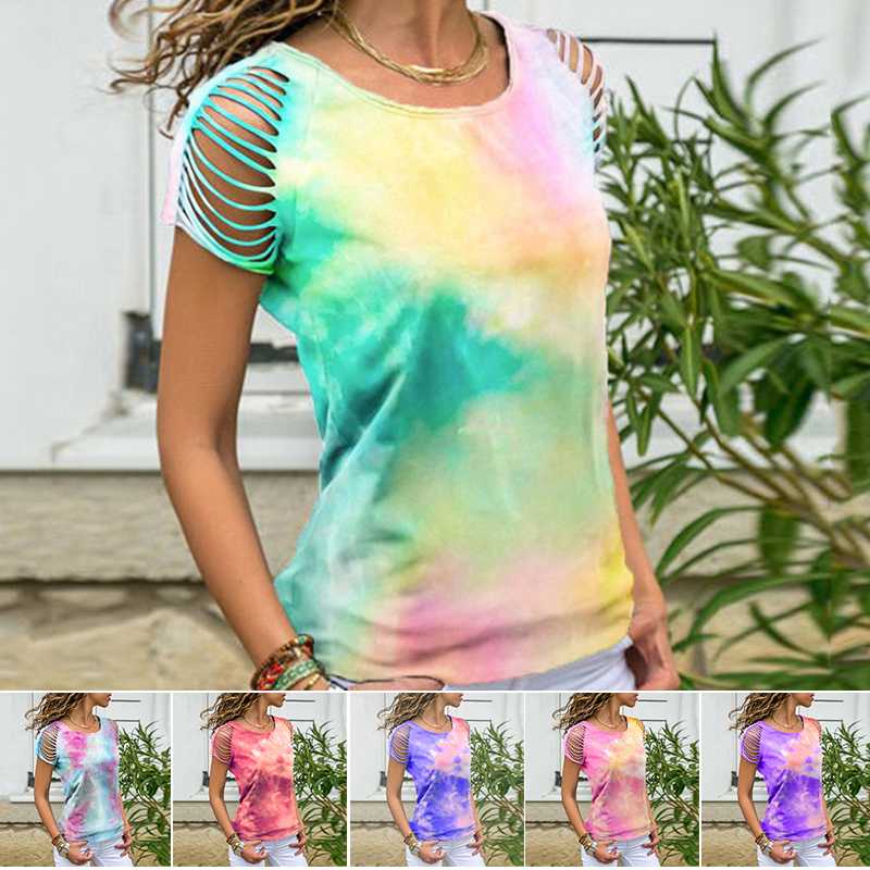 

Tie Dye Short Sleeve Shirt Women's Bohemian Tie Dye Top Hole Off Shoulder Fashion Print Short Sleeve Summer T-Shirts, 01