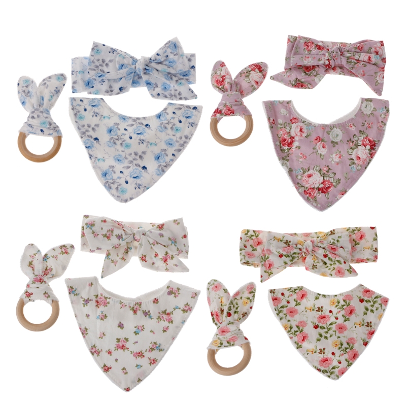 

3Pcs Baby Ears Teether Cotton Bibs Headband Infant Saliva Towel Care Set