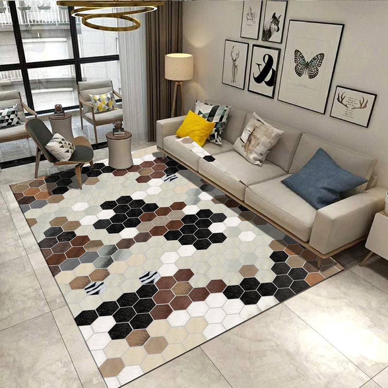 

Modern Style Geometric Carpet Flannel Anti-slip Sofa Area Rug Bedside Corridor Mats Floormat Decor Carpets for Home Living Room, No.1