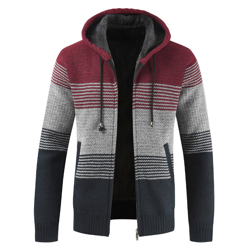 

Sweater Coat Men 2020 Winter Thick Warm Hooded Cardigan Jumpers Men Striped Wool Liner Zipper Fleece Coats, Dl163blue