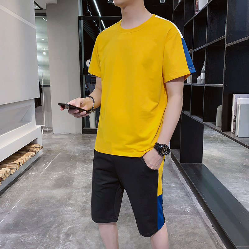 

Summer Men Sportsuits Set 2020 Mens Stand Collar Fashion 2 Pieces T-shirt Shorts Tracksuit Brand Fitness Suits 2PC Top Short Set, Yellow
