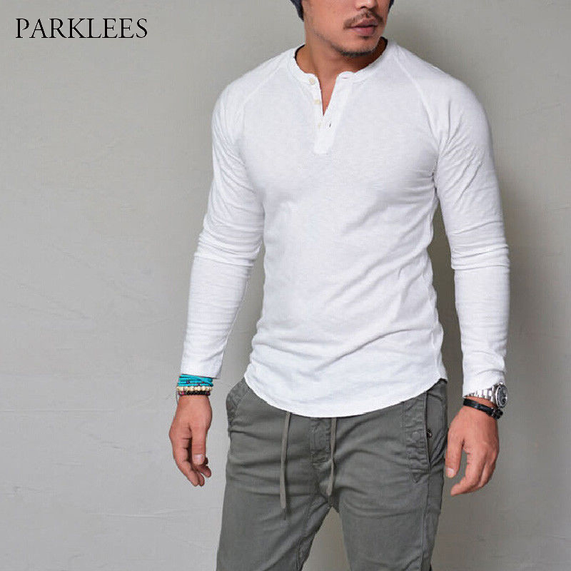 

New Henley Shirt Men 2018 Long Sleeve Button Placket Mens T-shirt Casual Slim Fit Solid Color Hip Hop Tee Shirt Homme Camisetas, White