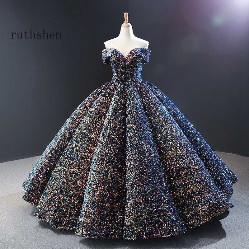 

Dreamy Sequin Evening Dresses Long Off Shoulder Fluffy Luxury Princess Formal Party Prom Dress, Blue