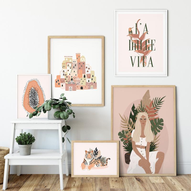 

Abstract Fashion Vintage Girl Tiger Plant Wall Art Canvas Painting Nordic Posters And Prints Wall Pictures For Living Room Decor