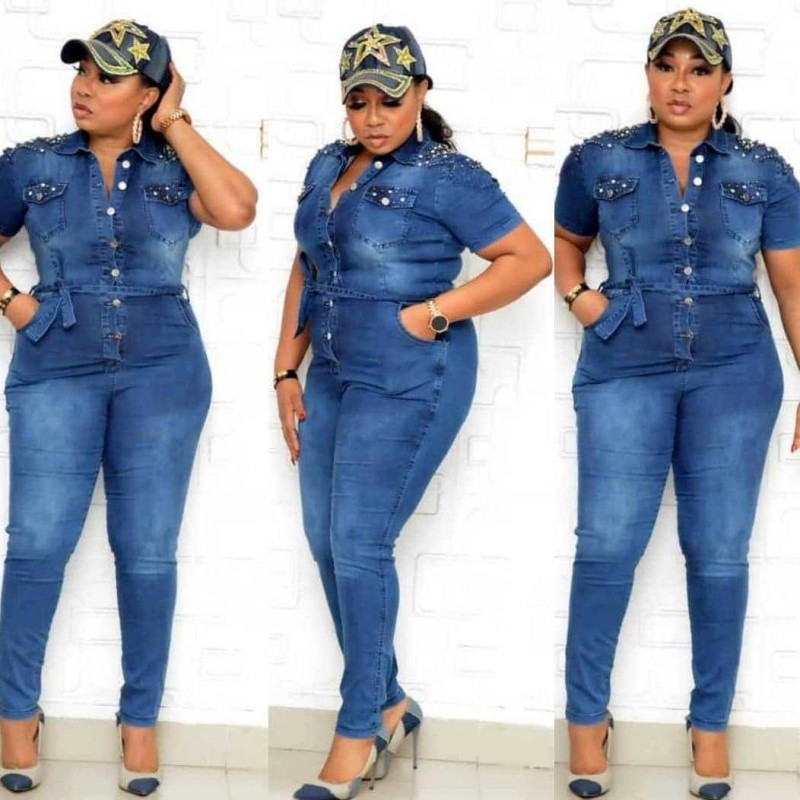 

African Ladies Denim Jumpsuit Women Short Sleeve Vintage Jumpsuits Fashion Nail Bead Button Pocket Jean Jumpsuit Club Streetwear, Blue
