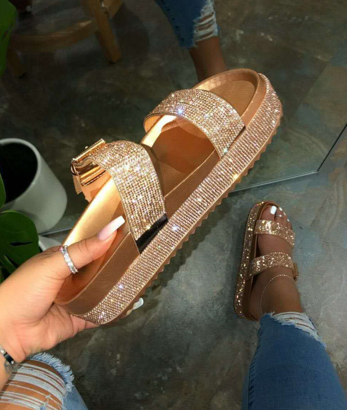 

Summer Women Rhinestone Slippers Double Layer Buckle Sandals Sexy Indoor Outdoor Wild Beach Ladies Leisure Home Travel Flip Flop, Show as picture