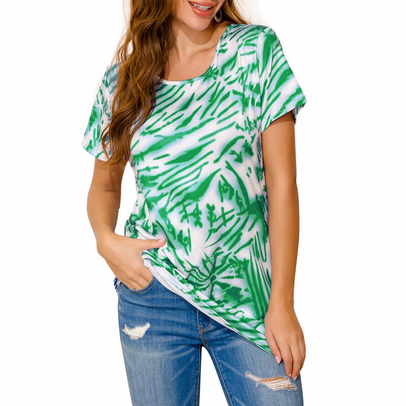 

Women' Summer Tie-Dye Printed Short-Sleeved Back Cross T-Shirt Top Green  Size