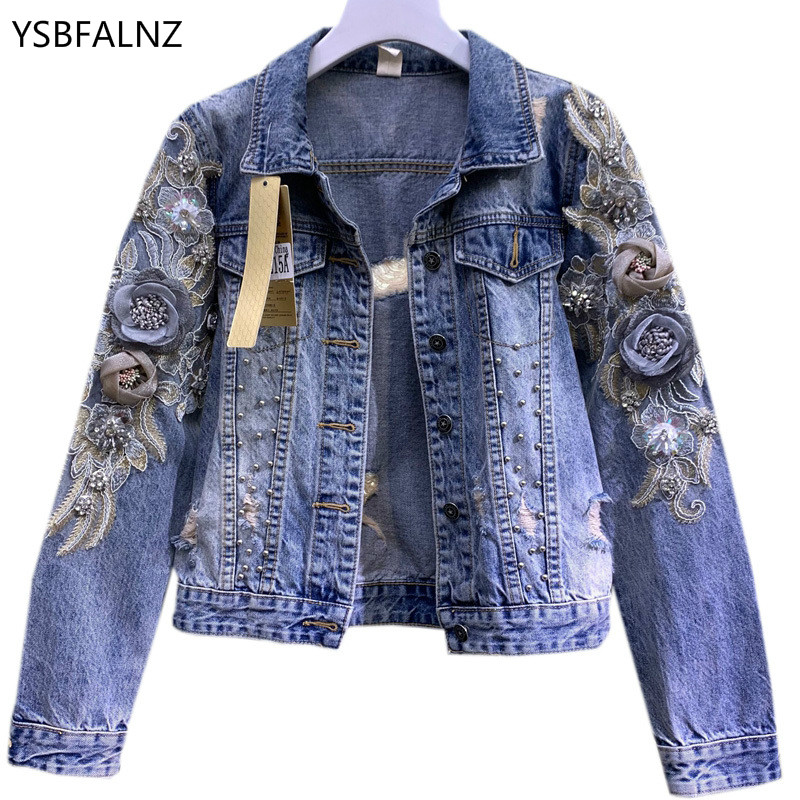 

2020 Spring Female Jean Jackets Flowers Embroidery Appliques Beading Short Denim Coat Woman Long Sleeve Hole Slim Blue Clothing