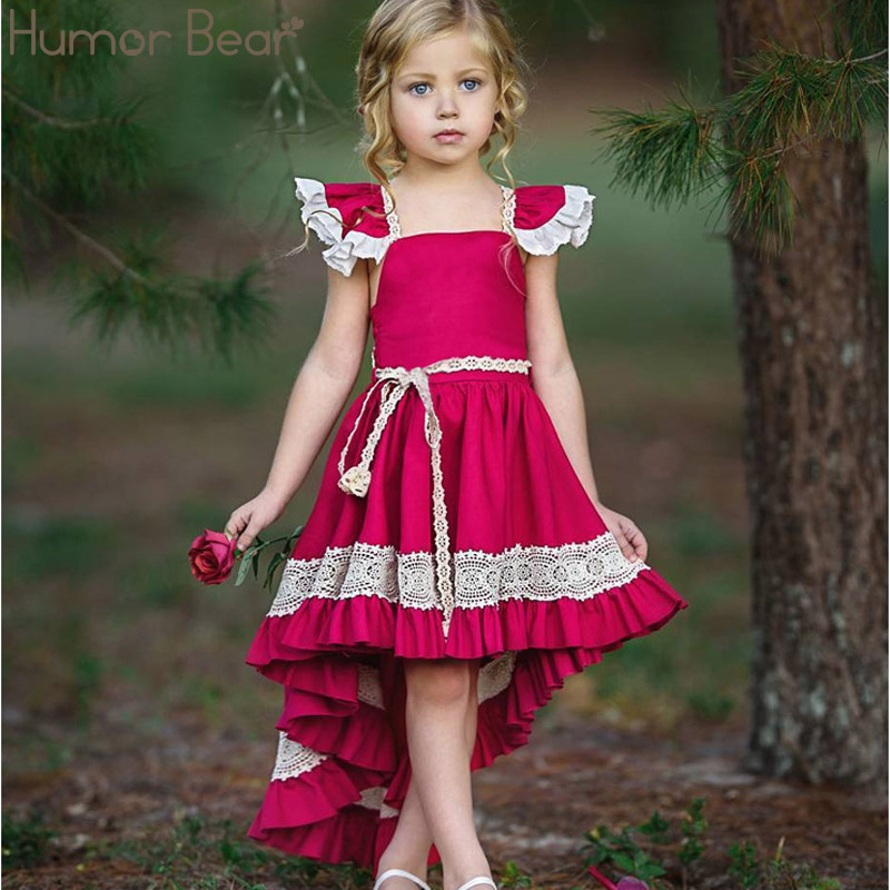 

Humor Bear Girls Clothes Dovetail Dress Summer Baby Lace Backless Irregular Party Princess Dress Baby Girls Clothes, Red
