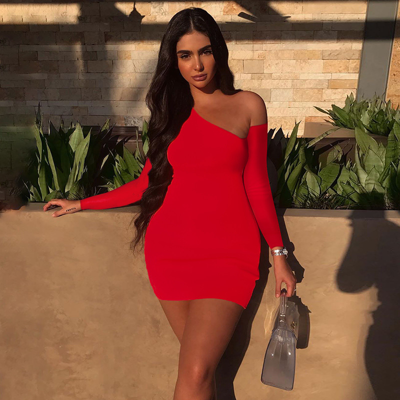 

BKLD Women Dress 2020 Autumn New Women One Shoulder Long Sleeve Bodycon Dress Solid Sexy Party Clubwear Mini Clothes, White