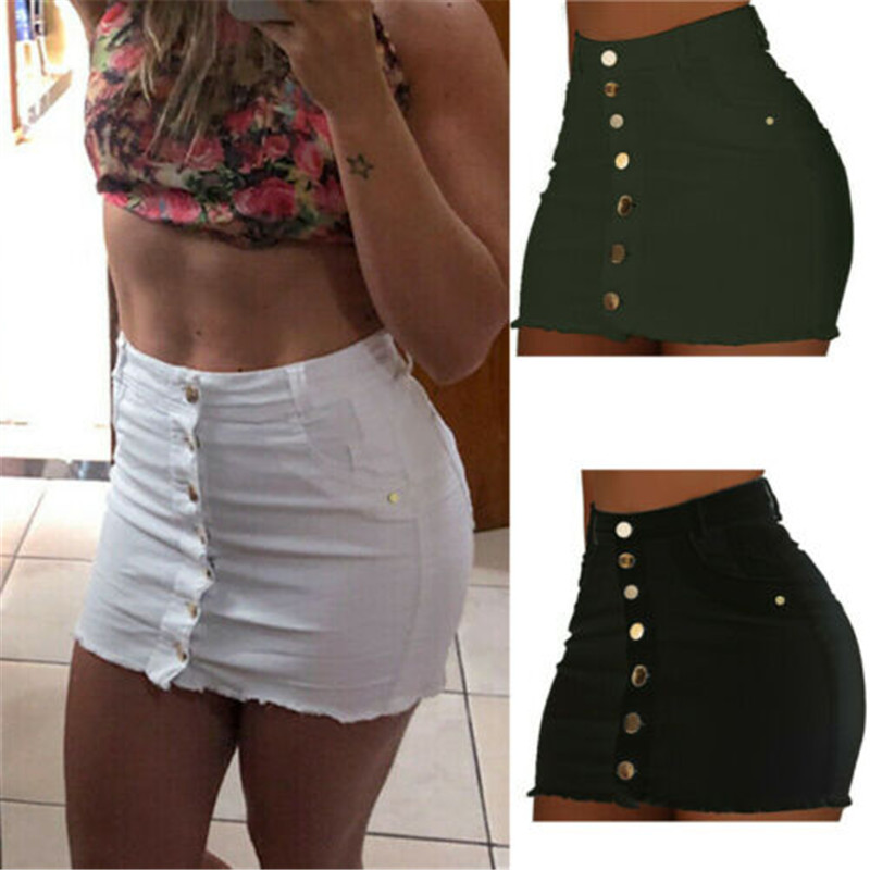 

2020 Women Summer Stretch High Waist Denim Skirt Female Summer Button Up Denim Skirts Short Mini Jeans Solid Pencil Skirts, Army green