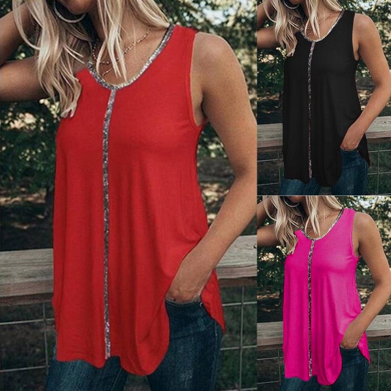 

New Women' Loose V-Neck Sleeveless Vest T-Shirt Sequin Top, Black