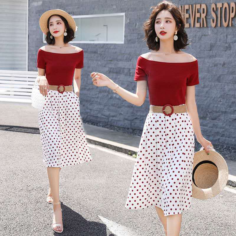 

With Belt! Women Summer Slash Neck Crop Tops Tees Blouse And Polka Dots Printed Knee Length Skirts Suits Clothing Sets NS1009, Black