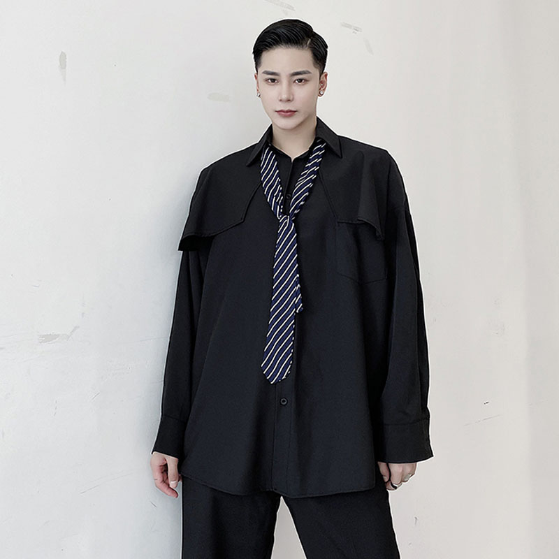 

Men Stripe Tie Shawl Splice Loose Youth Fashion Casual Long Sleeve Shirt Male Streetwear Hip Hop Long Style White Black Shirt, 9945 black