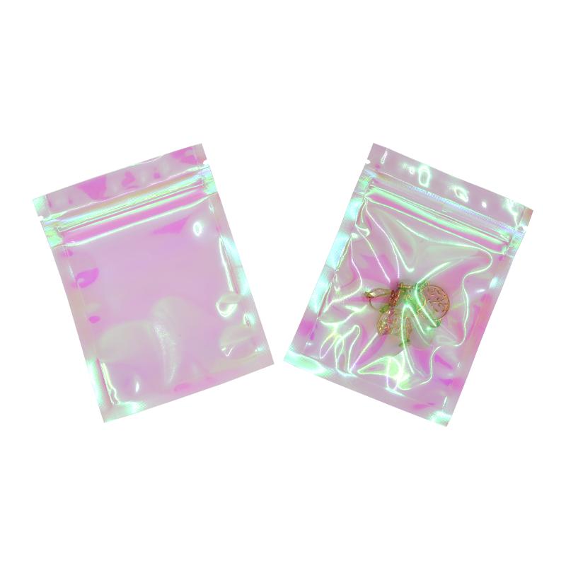 

100pcs Thick Reclosable Holographic Pink Zipper Packaging Bag Cosmetic Jewelry Flat Pouches Laser Small Plastic Bags