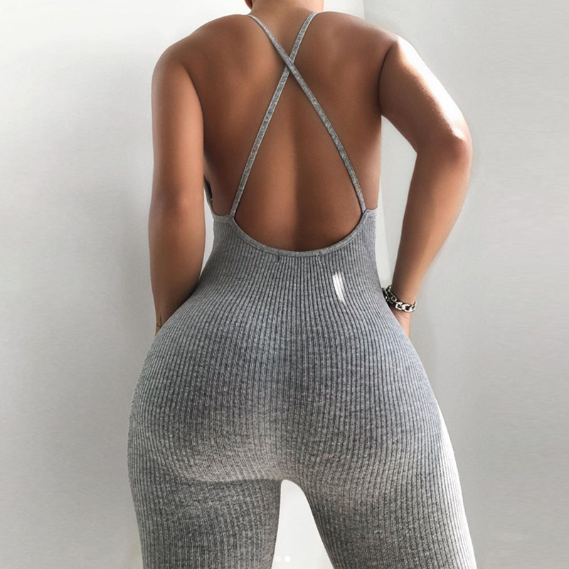 

Women Sleeveless V-neck Solid Ribbed Open Back Cross Sexy Jumpsuit Bodysuit Jumpsuits Sexy Club Loose Hollow Out clothes, White