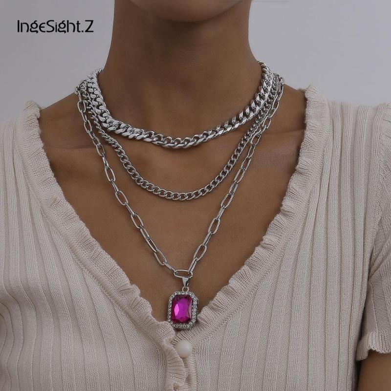 

IngeSight.Z 3Pcs/Set Multi Layered Chunky Thick Curb Cuban Choker Necklace Vintage Rhinestones Square Pendant Necklaces Jewelry