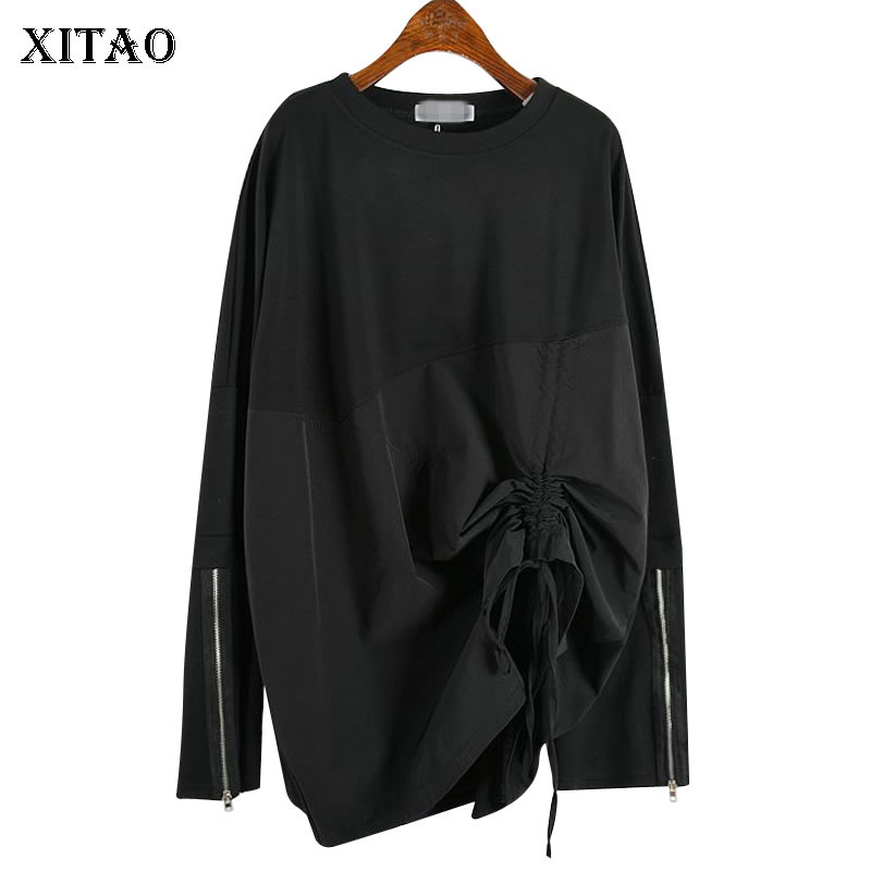 

XITAO Splice Pleated Plus Size T Shirt Women Harajuku Zipper Long Sleeve Top Women Leisure Tshirt Fashion Autumn New WLD2857, White wld2857