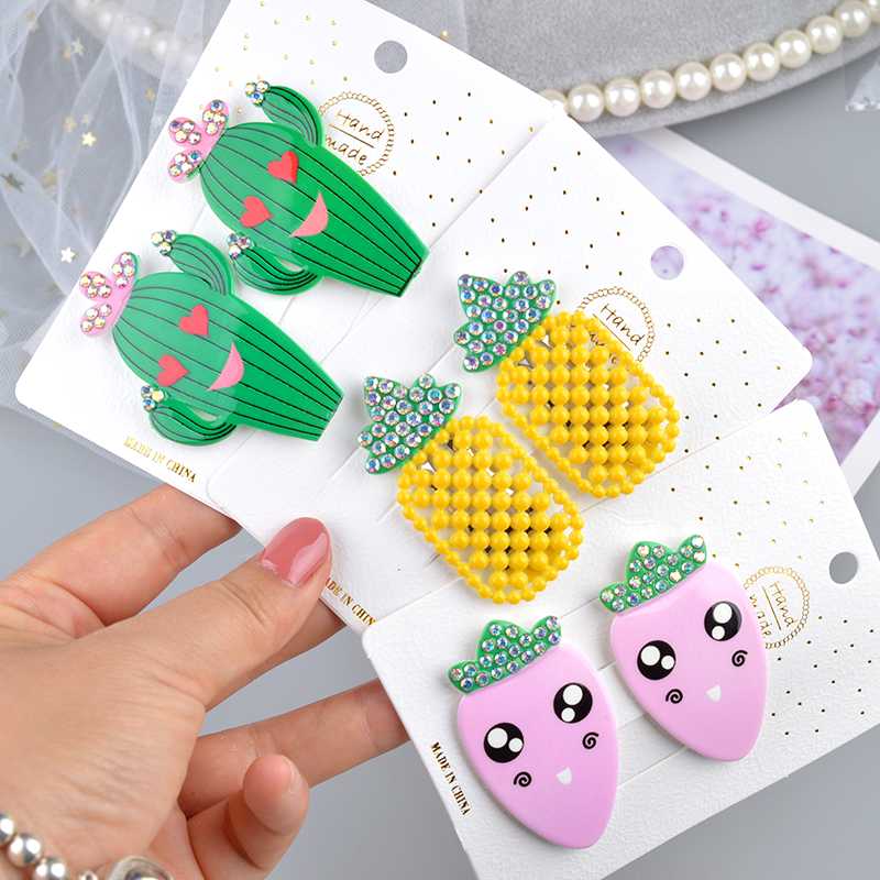 

2 Pcs/Set Children Cute Lovely Cartoon Snap Hairpins Girls Lovely Fruit Kids Hair Accessories Safety Barrettes with Crystal