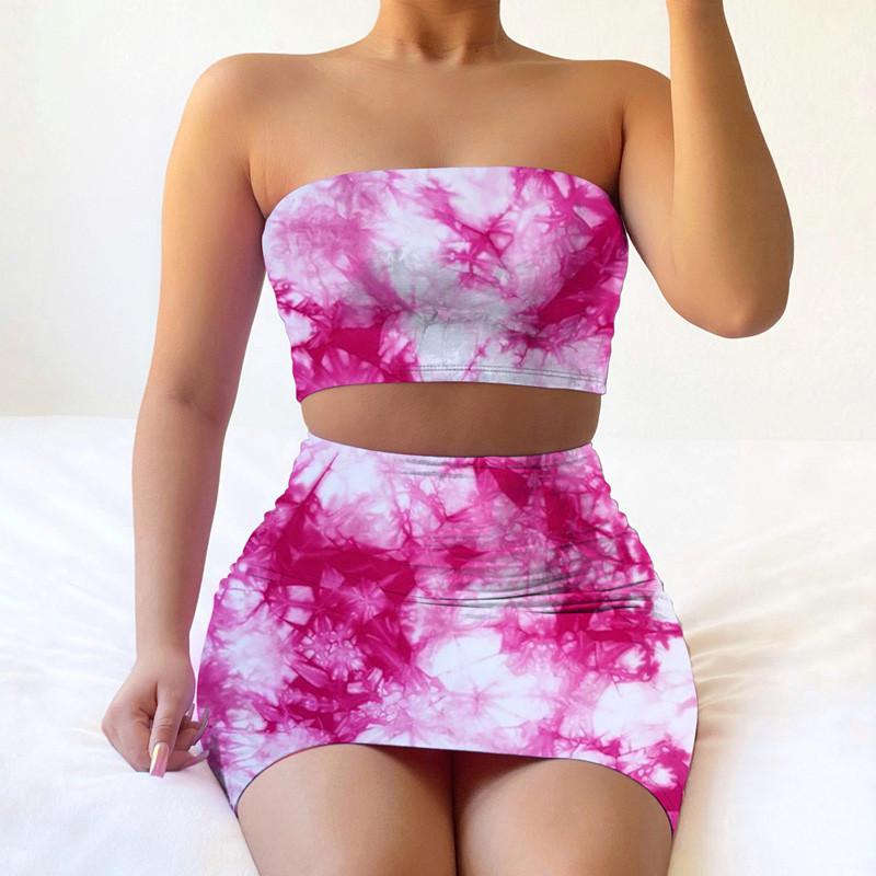 

Strapless Tie Dye Print Off Shoulder Tracksuit 2PCS 2020 Sexy Women Bustiers Corsets Crop Tops High Waist Pencil Skirt Dress