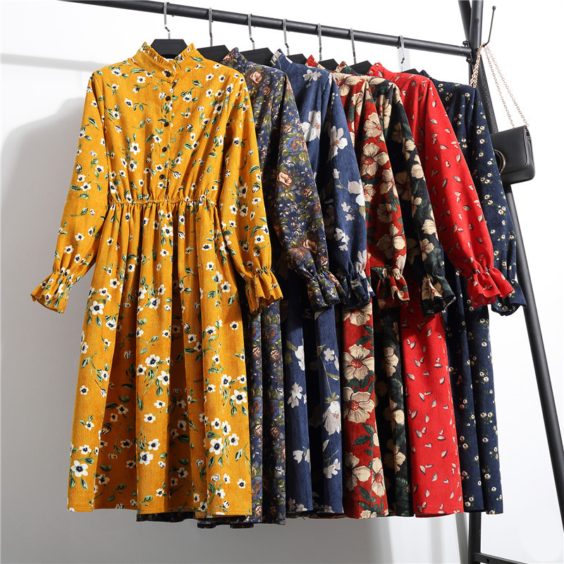 

Autumn 2020 Retro High Waist printed women' casual bohemian dress flower long sleeve pleated beach corduroy stand collar dress
