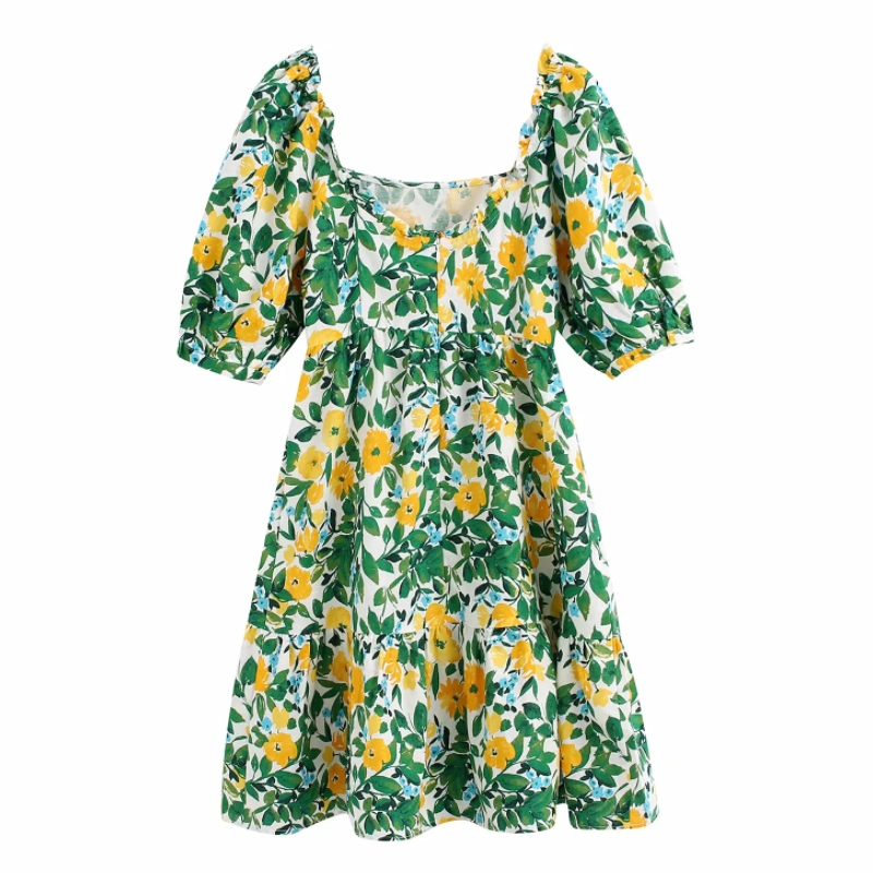 

2020 Green A Line New Women Fresh Puff Short Sleeve Green Leaves Yellow Floral Print Hem Ruffles dress Ladies Back Mini Dresses, Same as picture