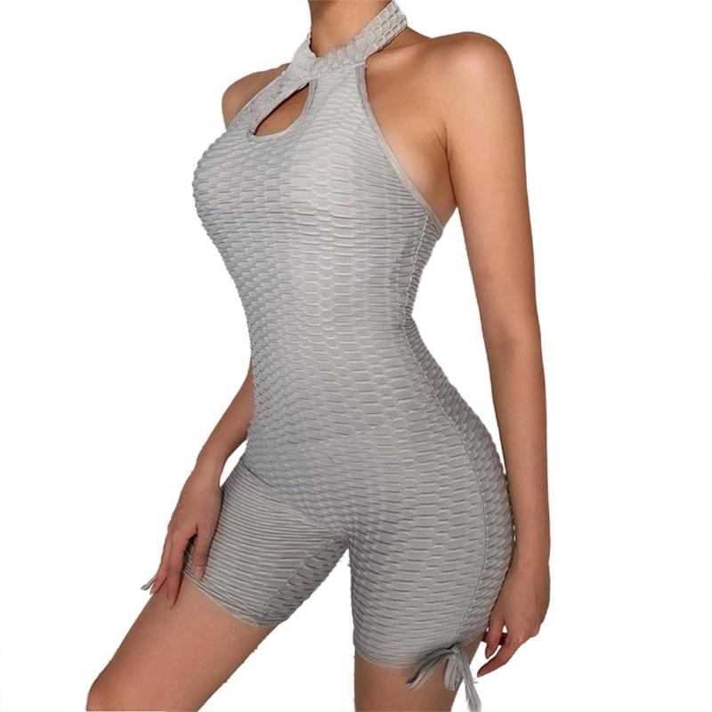 

Slim Romper Solid Color Halter Neck Streetwear Female Short Jumpsuits 2020 Summer Women Bodycon Stretch Playsuits, As photo shows