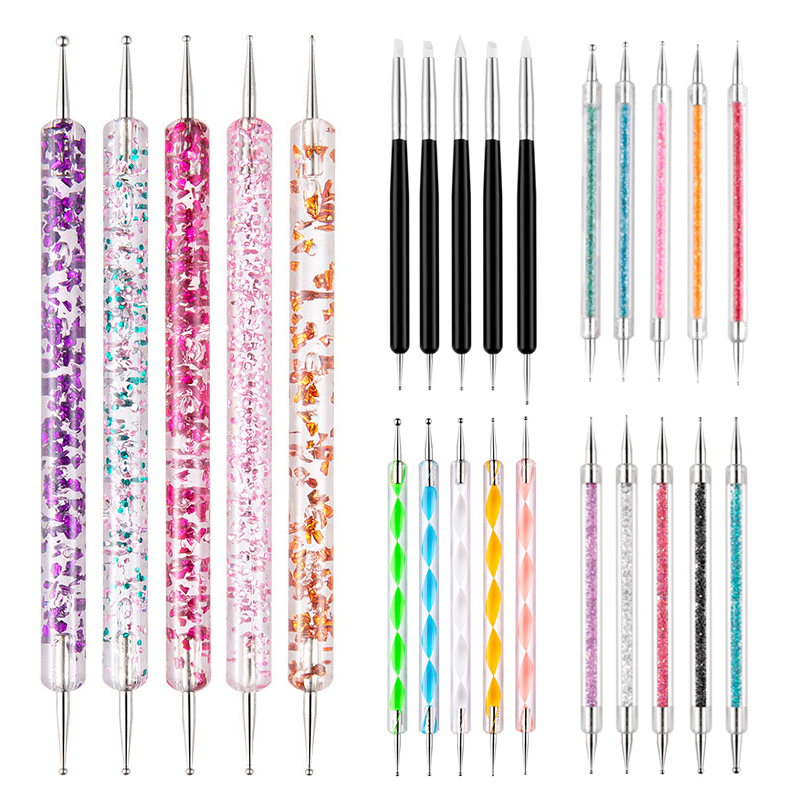 

5Pcs Set UV Gel Painting Nail Art Dotting Pen Acrylic Handle Rhinestone Crystal 2 Way Brush Salon Decoration Manicure Tools Kit
