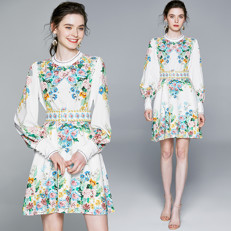 

Spring Summer Fall Autumn Runway Fashionable Floral Print Crew Neck Lantern Sleeve Belt Women Ladies Casual Party A-Line Midi Dress, Multi
