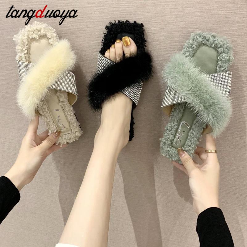 

2020 Fluffy Home Slippers Rhinestone slippers Women Faux Fur Cozy Slides Slip on Soft House Plush Warm Shoes, Black