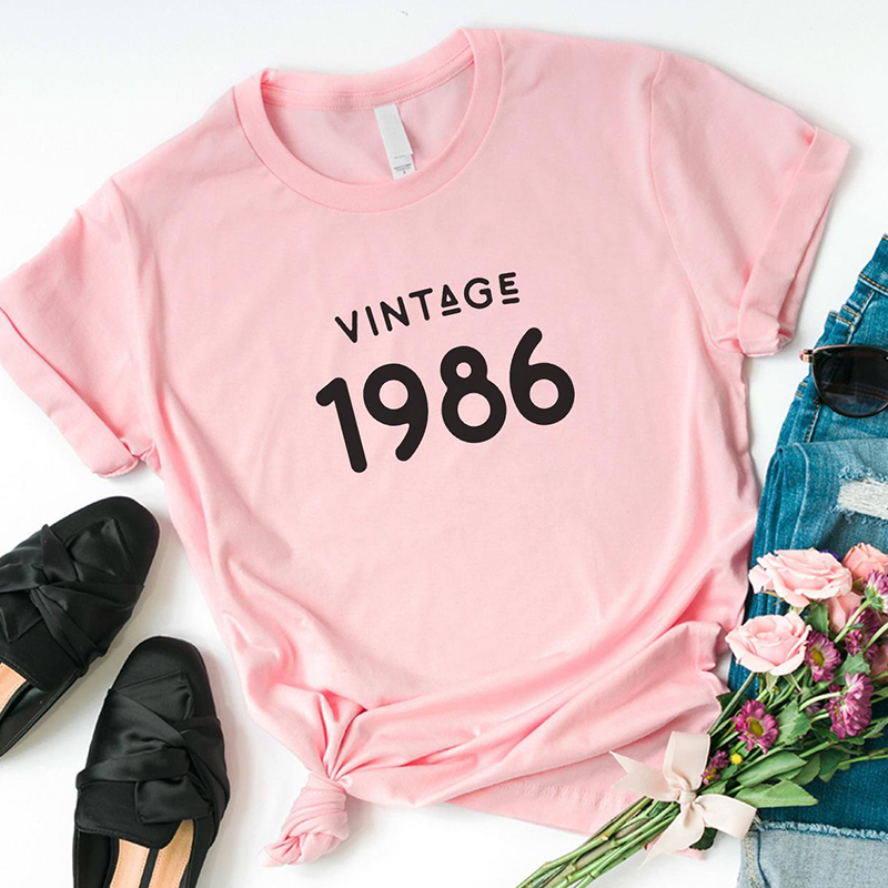 

Vintage 1986 T-shirts Causal Cotton Graphic Tee Shirt Birthday Letter Print Tops Women Fashion Tees White Summer Tops Drop Ship, Black