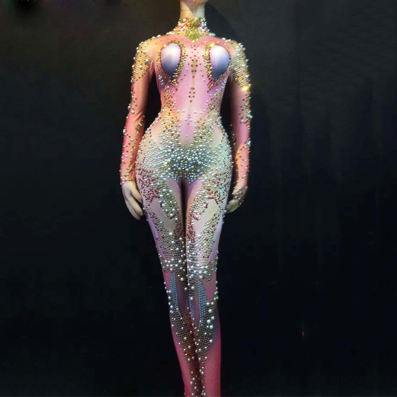 

Big Rhinestones Jumpsuit Pink Glisten Bodysuit singer stage dance costume, Gold