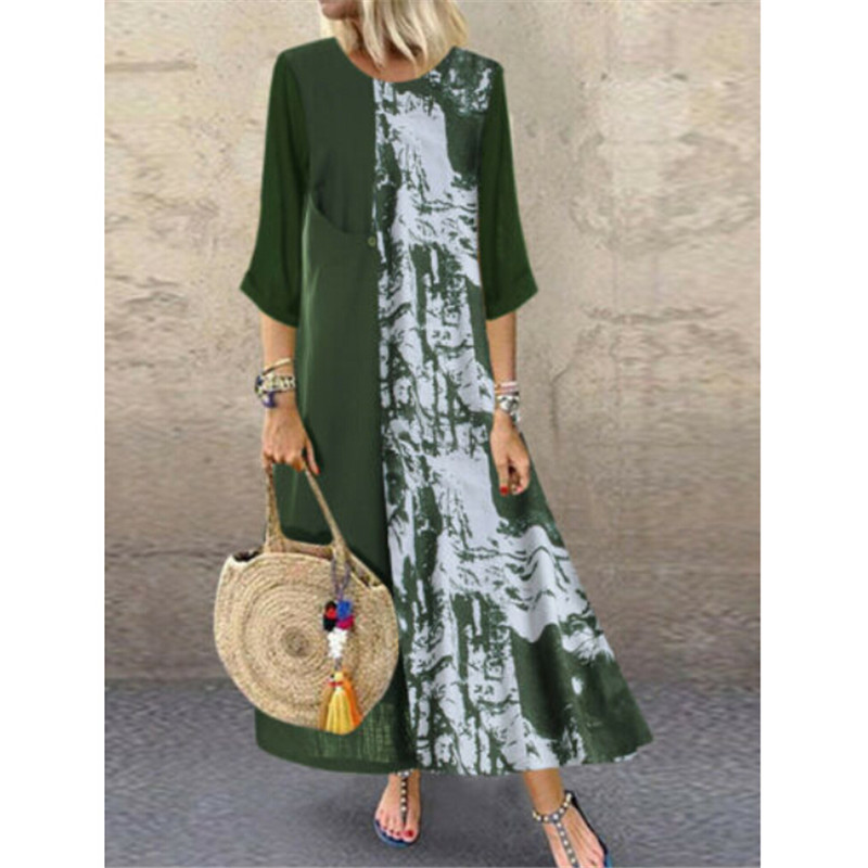 

Women Vintage 3/4 Sleeves Long Dress Boho Cotton Linen Casual Baggy Long Maxi Dresses Floral Printed New Plus Size Vestidos Hot, As photo show
