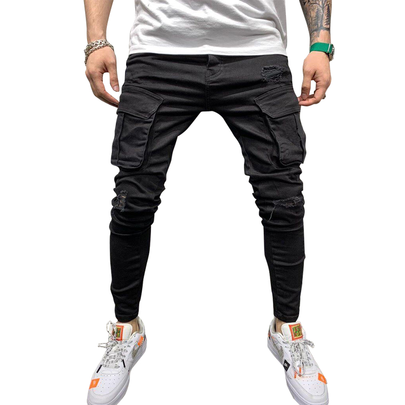 

2020 NewBlack Biker Cargo Jeans Fit Joggers Trousers Mens Ripped Hole Motorcycle Streetwear Denim Pencil Pants Skinny Jeans Men, Black