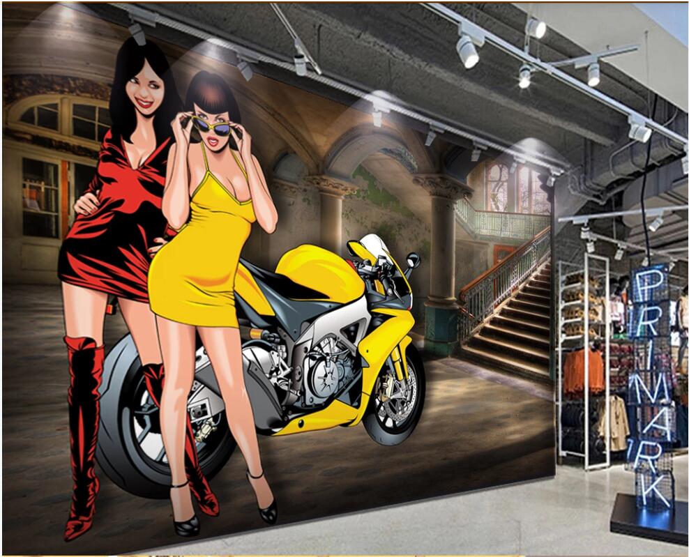 

3d wallpaper custom photo mural on the wall European beauty motorcycle bar nightclub Home decor 3d wall murals wallpaper for living room, Non-woven wallpaper