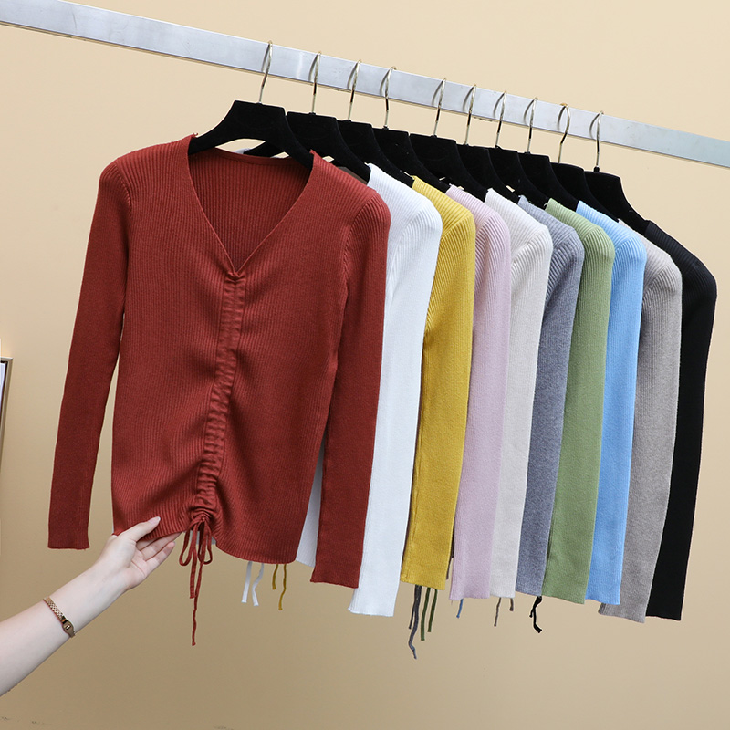 

Autumn Women Full Sleeve V-neck Lace Up Sweaters Pullovers Girls Knitted Solid Soft Jumpers Tops Knitwear FL1020, Green