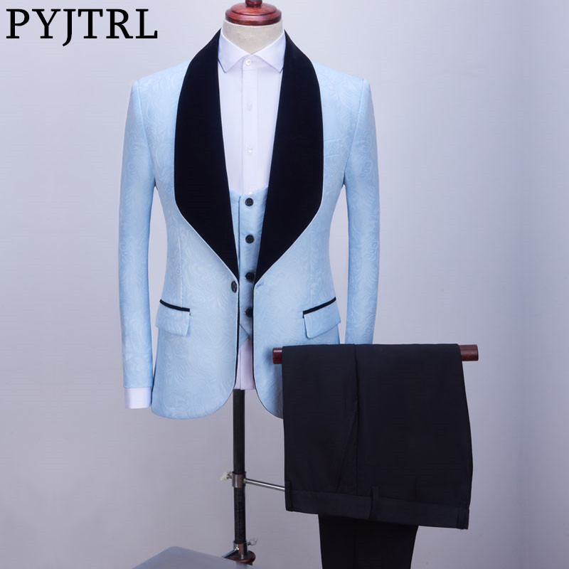 

PYJTRL New Men Shawl Lapel Pieces Set Sky Blue Wedding Groom Slim Fit Suits Floral Jacquard Banquet Prom Dress Tuxedo Men Suit, As pic