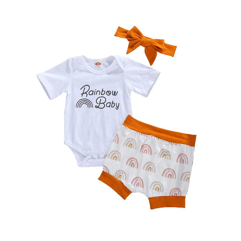 

Baby Girls Boys Sets Short Sleeve Letter Romper + Rainbow Print Shorts + Bow Hairband Clothes Set 0-24M, As shown