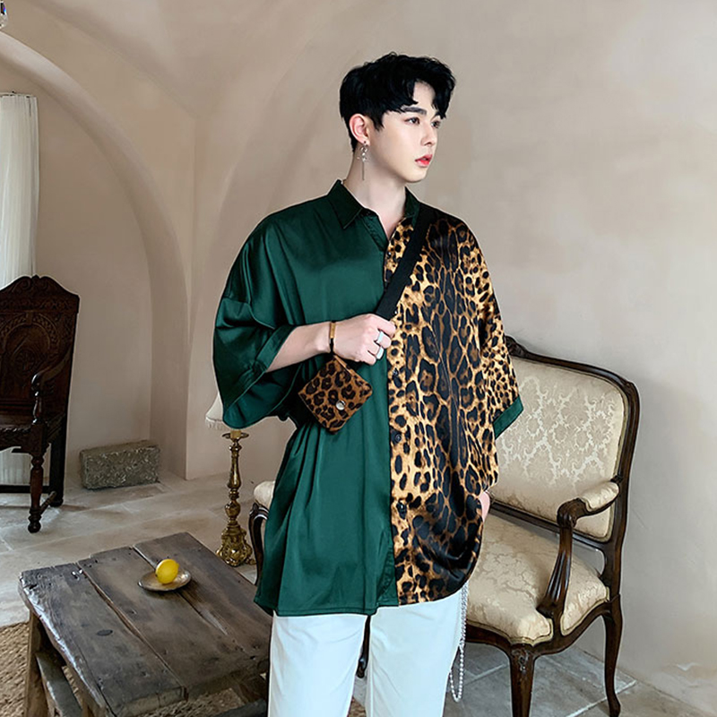 

Stylist short sleeve summer patchwork men' shirt Quarter Sleeve decorated nightclub loose shirt youth Leopard Print, Army green