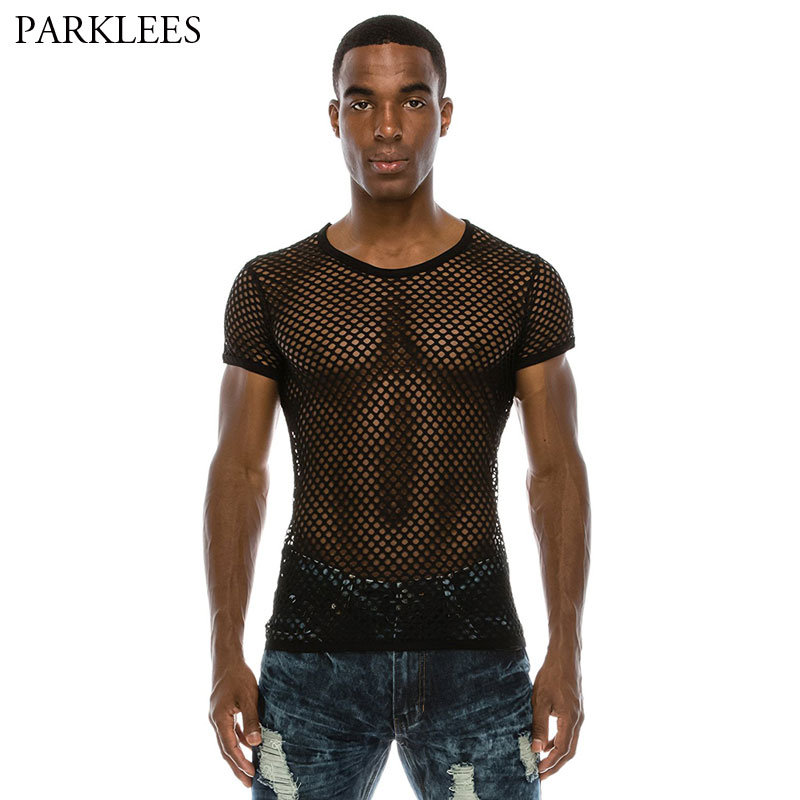 

Men' Mesh See Through T Shirt 2020 Short Sleeve Sexy Transparent Night Club Wear T-shirt Men Streetwear Party Perform Tops Tees, White