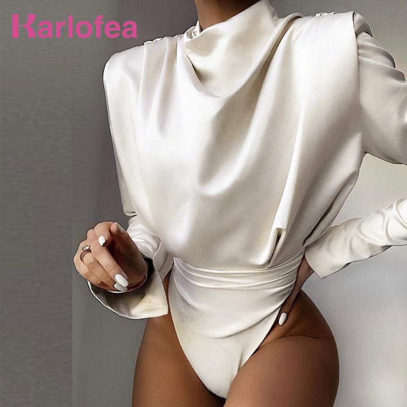 

Karlofea Office Lady Silky Elegant Bodysuit Women Split Sleeve Blouse Top Solid White Sexy Short Jumpsuit 2020 Streetwear Outfit, Black
