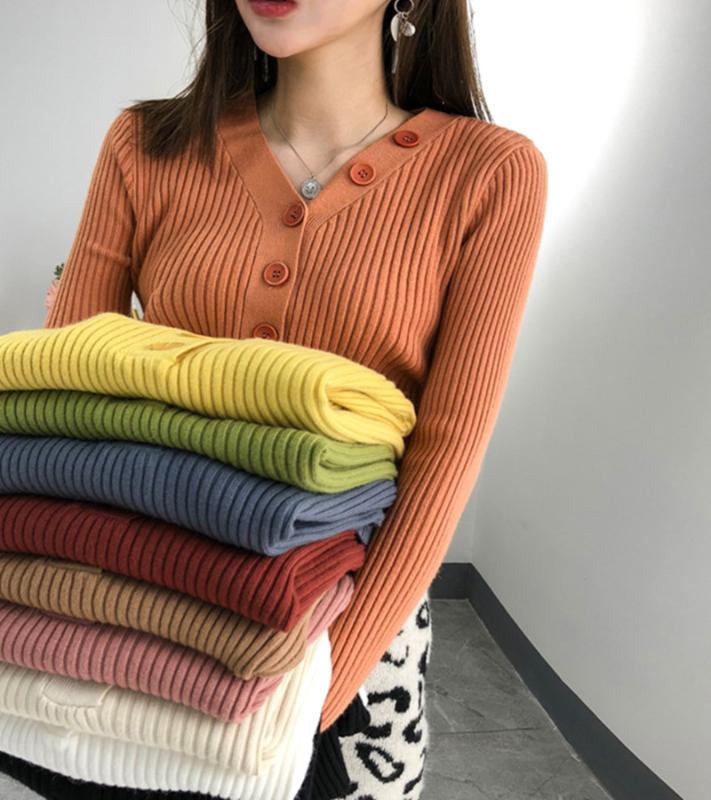 

Casual V-neck Knitted Sweater Women Fashion Button Soft Jumper Female Slim Elastic Knitted Pullovers Women 2020 Autumn Knit Tops, Burgundy
