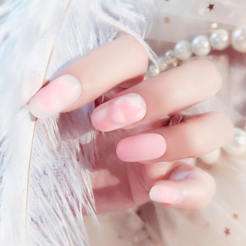 

Women Petals Round Head Fake Nail Girls Sweet Pink Gradient Color False Nails Bridal Wedding Full Cover Nail Art Tips with Glue, As show