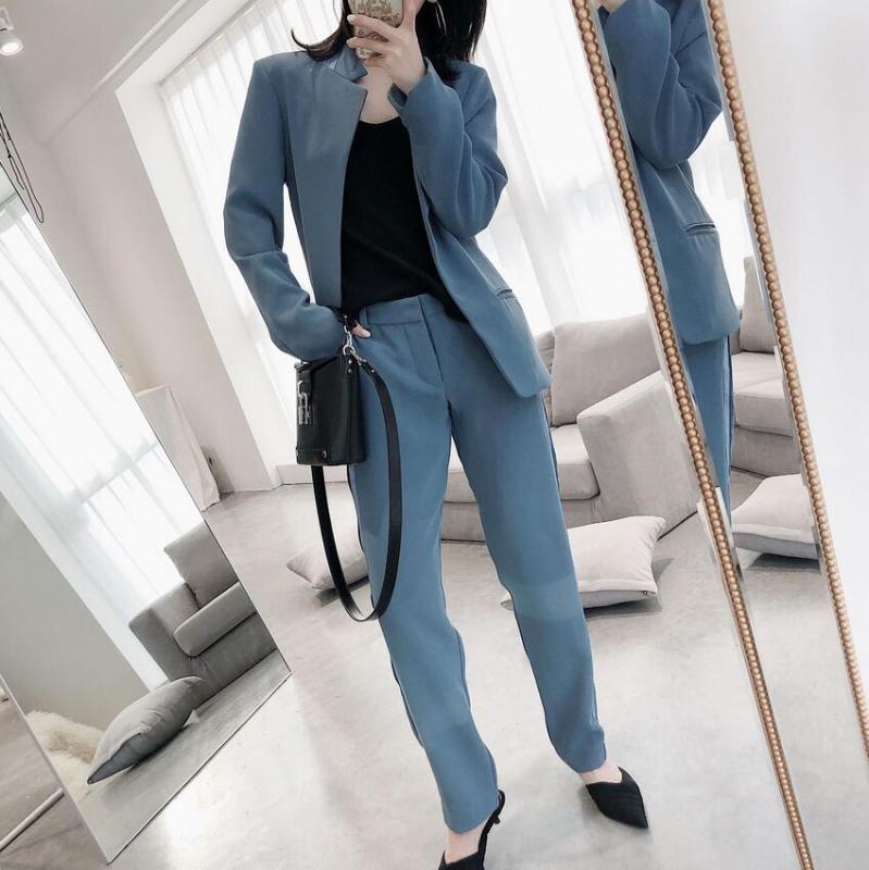 

Spring and Summer New Peacock Blue Female Stand Collar Solid Suit + Pants Suit, Pant
