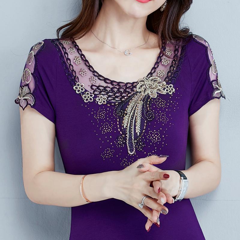 

Fashion casual short sleeve women t-shirt Elegant slim Diamonds Embroidered Women tops mesh plus size summer t shirt shirt, Purple