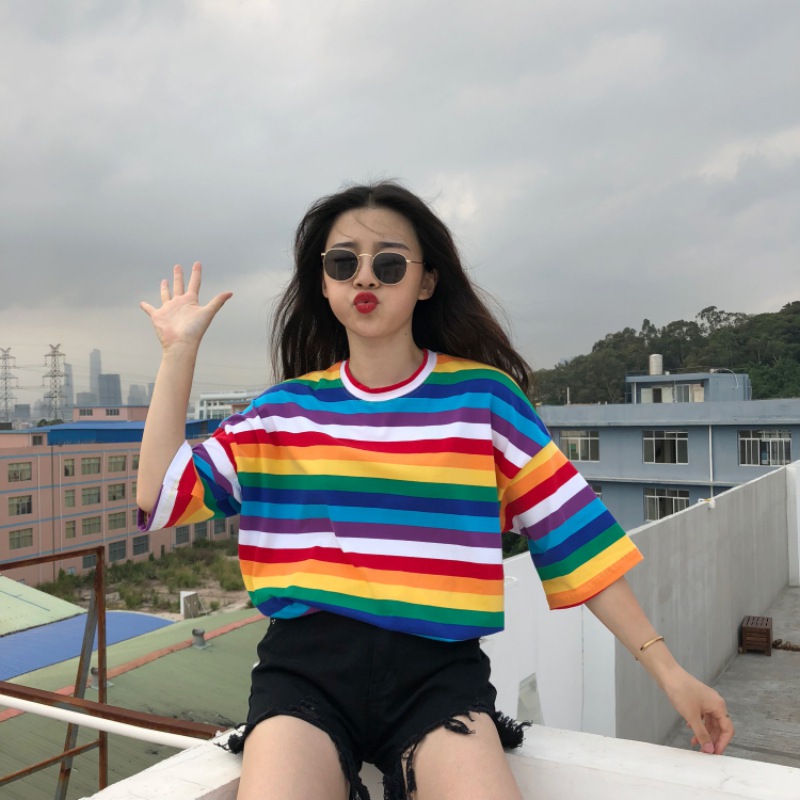 

Sweet Rainbow Stripe Print T-Shirt Fashion Short Sleeve T-Shirt Women's O-Neck Women's, Pink striped