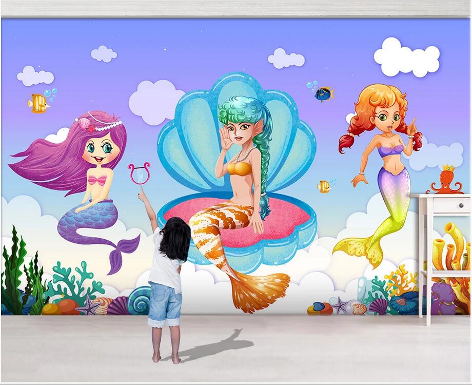 

3d wallpaper wall stickers custom photo Cartoon fantasy mermaid shell coral children room background wall paper 3d wallpaper for walls, Non woven